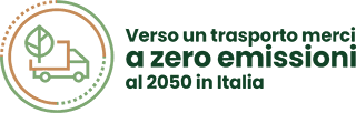 A sinistra un camion con sovrapposta una foglia, stilizzati in un doppio cerchio; a destra la scritta "Verso un trasporto merci a zero emissioni al 2050 in Italia"