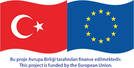 Bandiera Turchia/UE con la scritta 'This project is funded by the European Union' in inglese e in turco